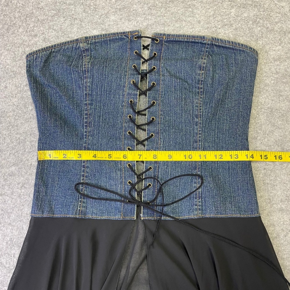 Sole Mio Y2K Denim Corset Top M Lace Up Asymmetrical Sheer Chiffon Whimsigoth - Picture 13 of 14